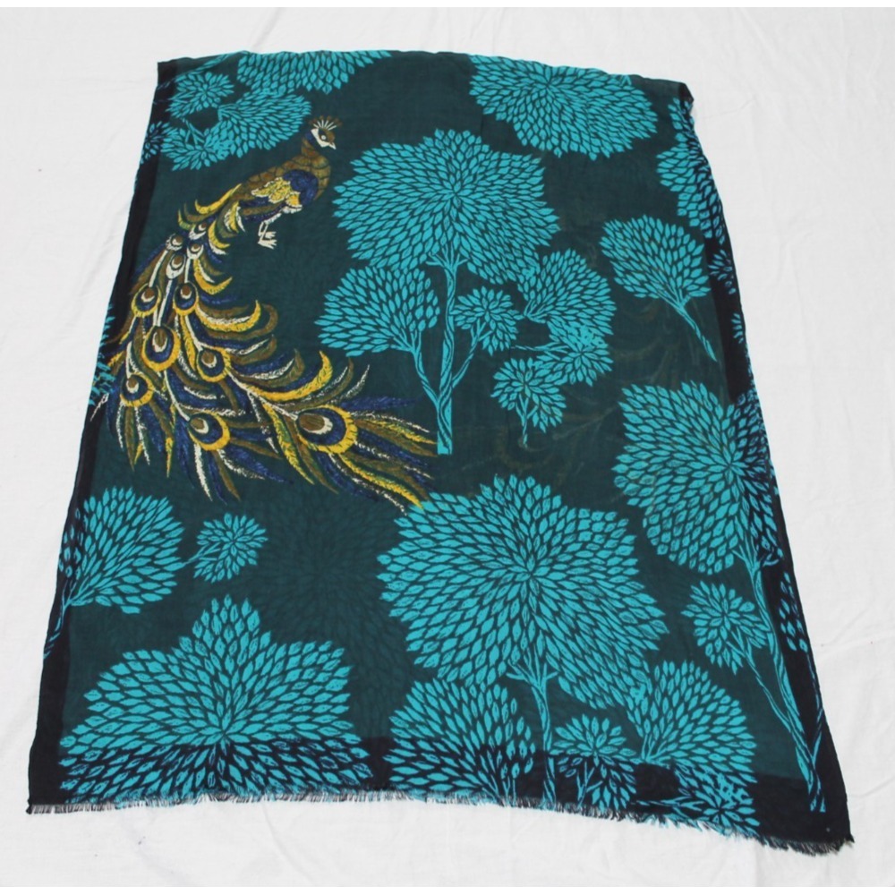 Lightweight Peacock Floral Trees Scarf Wrap Fringe Black Blue Yellow 27x74